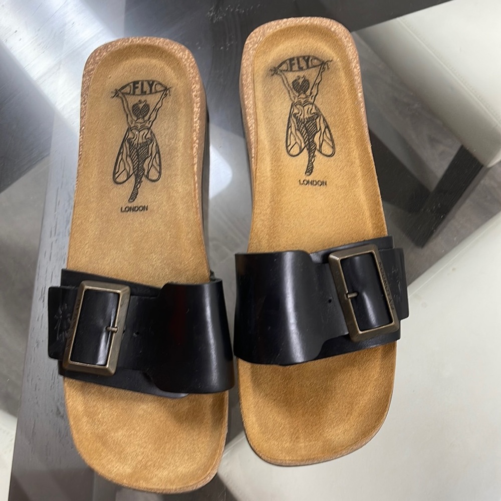 Fly London Black Buckle Slides